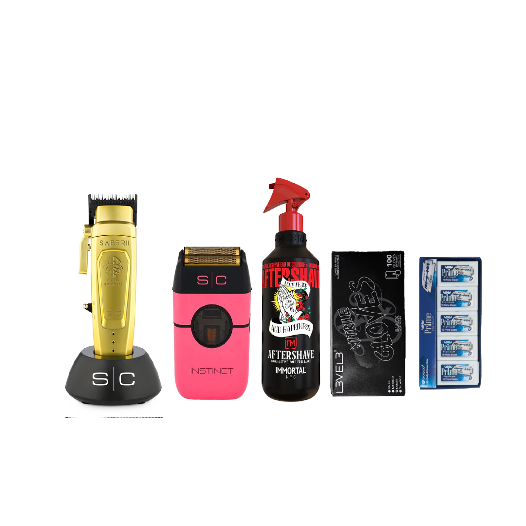 Gold Saber Clipper 2 + Pink Instinct Shaver + Immortal Blessed Aftershave+ Gloves+ Dorco Prime blade