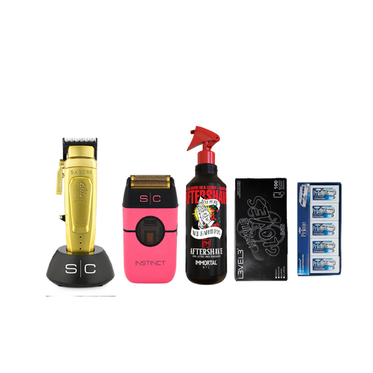 Gold Saber Clipper 2 + Pink Instinct Shaver + Immortal Blessed Aftershave+ Gloves+ Dorco Prime blade